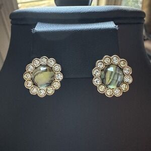 Vintage Pierced‎ Earrings Floral Clear Rhinestones Gold Tone Round Studs